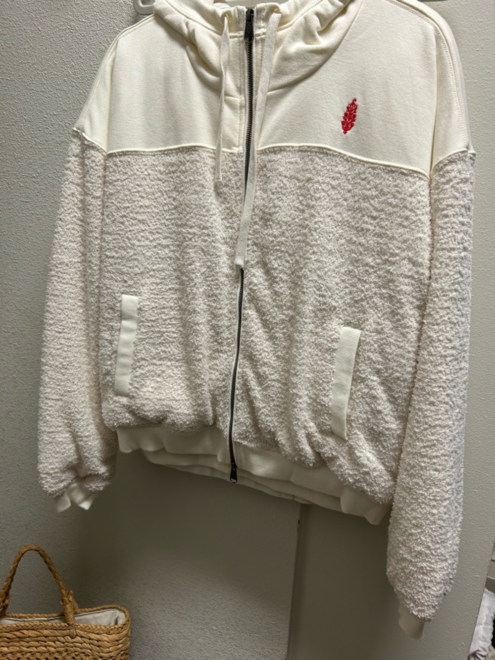 Free People NEW Cream Teddy Zip Hoodie with Red Embroidered Accent